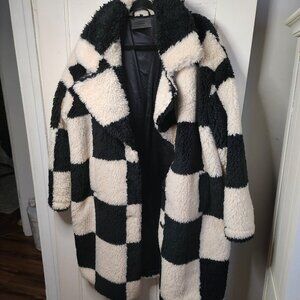 Black and White Checked Sherpa Fur Coat
